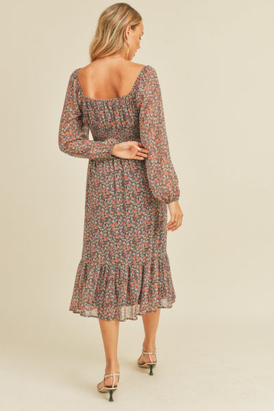 Jane Floral Print Long Sleeve Midi Dress