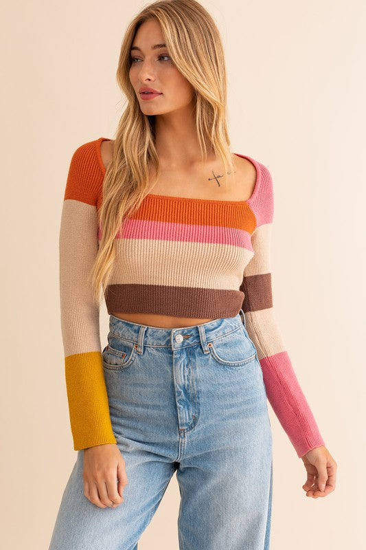 Long Sleeve Pink and Brown Color Block Stripe Knit Top