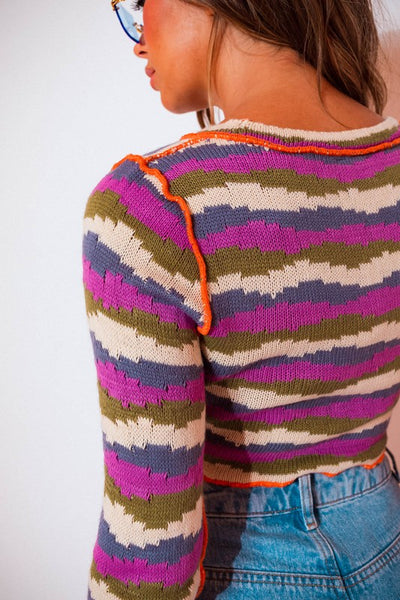 Pink Striped Long Sleeve Crop Knit Top-Dakotas Boutique