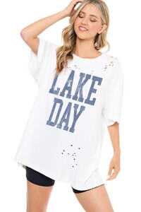 Lake Day Oversized White Distressed Graphic Tee
