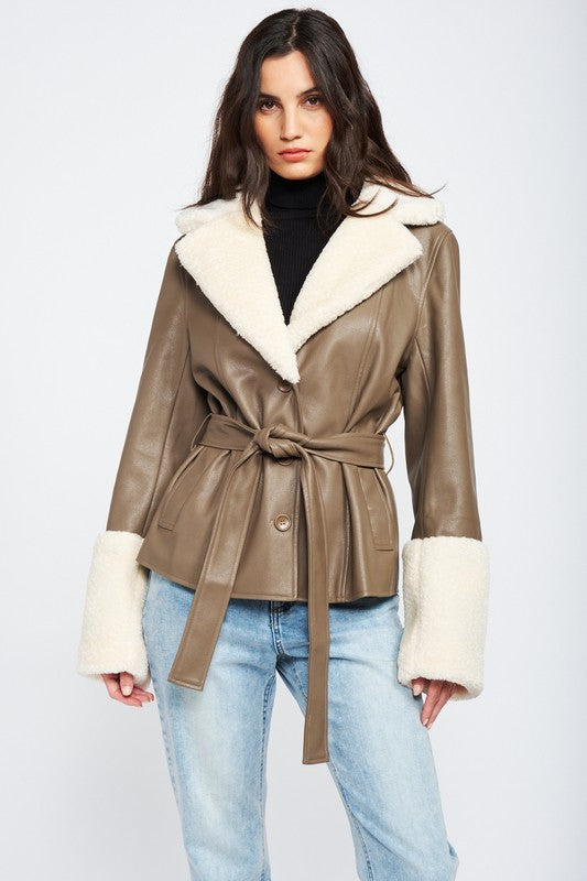 BELTED FAUX SHEARING TRIMMED JACKET-Dakotas Boutique
