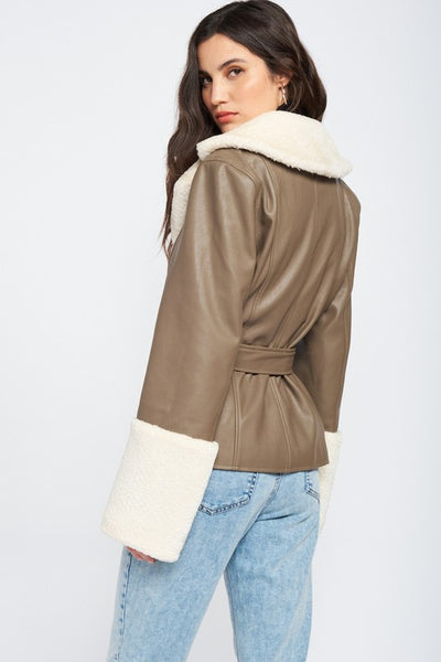 Belted Faux Shearling Trimmed Taupe Jacket
