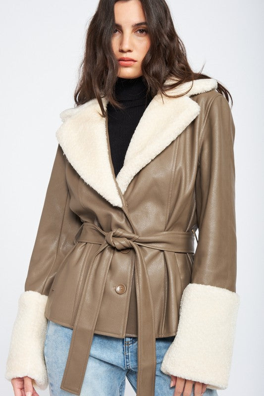 Belted Faux Shearling Trimmed Taupe Jacket