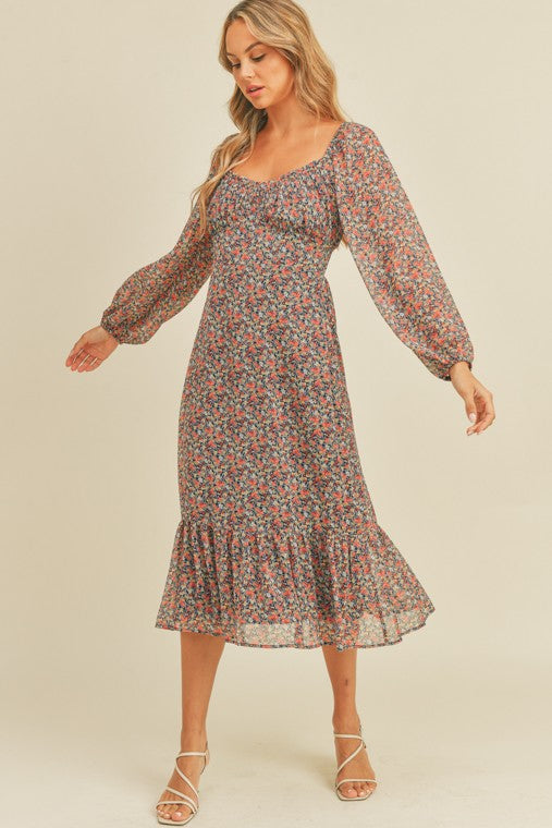 Jane Floral Print Long Sleeve Midi Dress