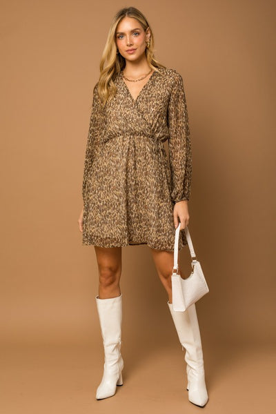 L/S Surplice W/Self Tie Abstract Dress