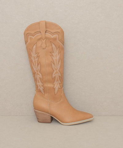 Tall Camel Tan Embroidered Cowboy Boots - Oasis Society Ainsley Boots
