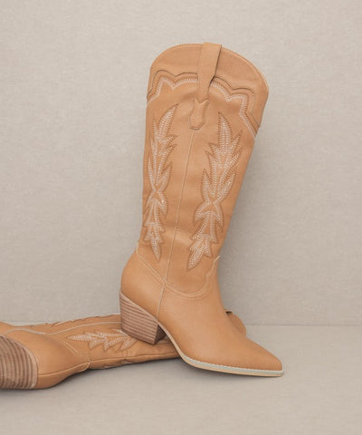 Tall Camel Tan Embroidered Cowboy Boots - Oasis Society Ainsley Boots