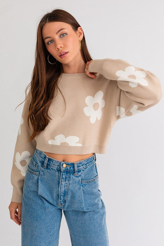 Daisy Pattern Long Sleeve Crop Sweater