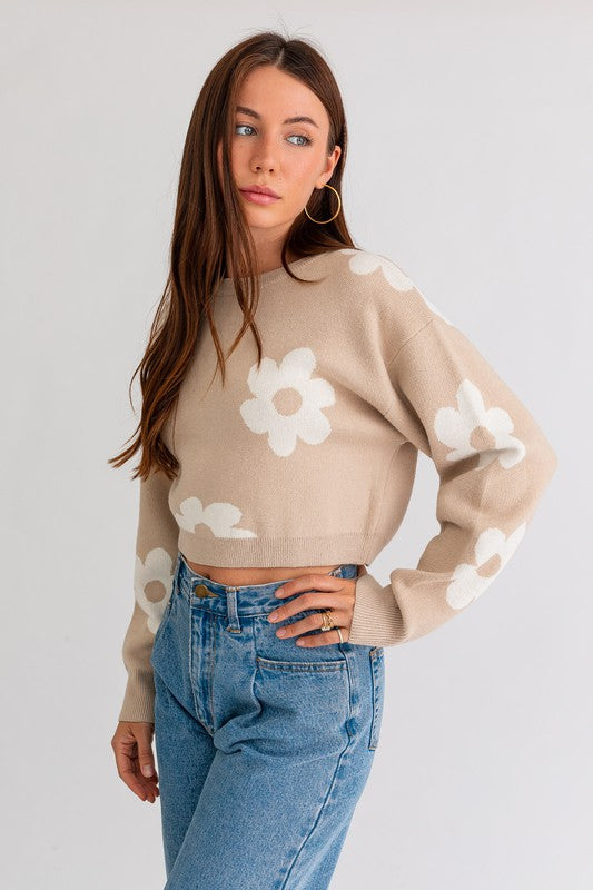 Daisy Pattern Long Sleeve Crop Sweater