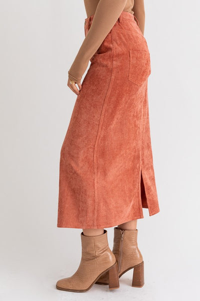 Rust Orange Corduroy Midi Skirt With Pockets