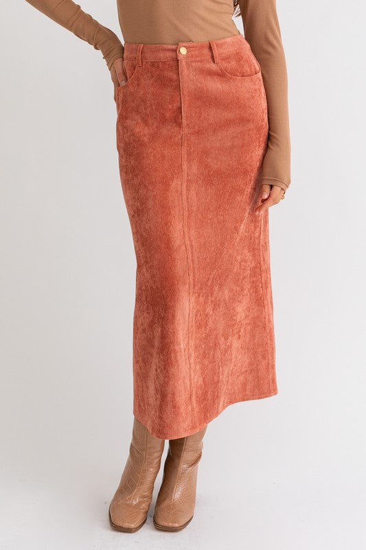 Rust Orange Corduroy Midi Skirt With Pockets