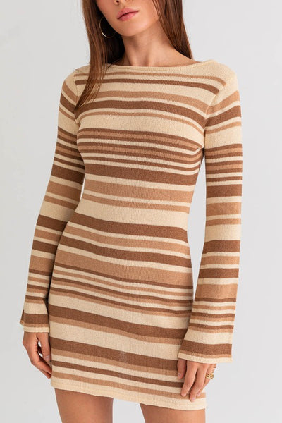 Beige & Brown Striped Bell Sleeve Sweater Dress