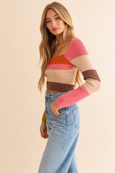 Long Sleeve Pink and Brown Color Block Stripe Knit Top