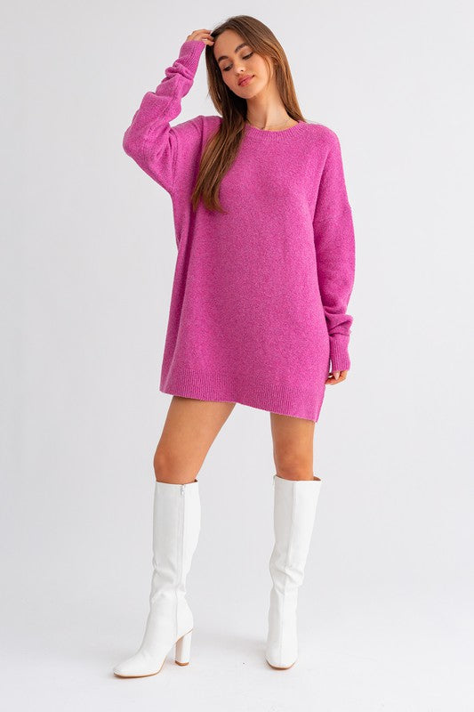 Fuchsia Pink Knitted Long Sleeve Oversized Sweater Dress