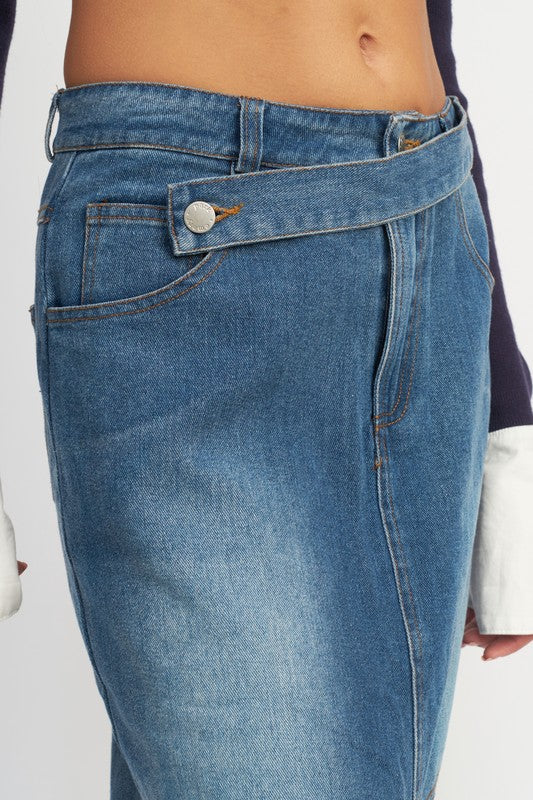 Midi Denim Skirt With Front Slit and Belt Detail-Dakotas Boutique