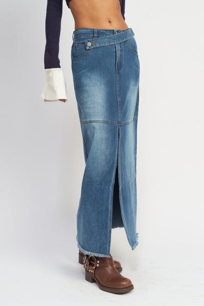 Denim Blue Maxi Skirt With Front Slit and Belt Detail