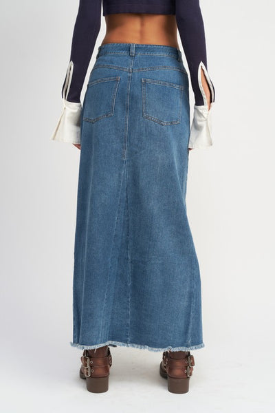 Denim Blue Maxi Skirt With Front Slit and Belt Detail