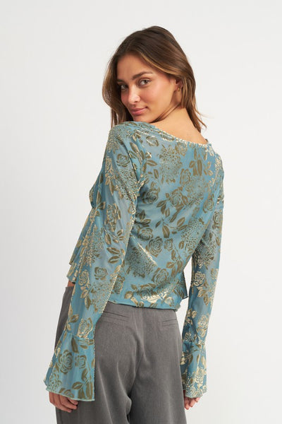 Green Blue Floral Shirring Cropped Long Sleeve Tie Top