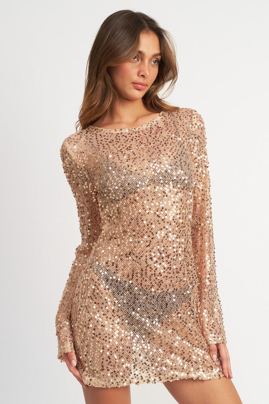Rose Gold Long Bell Sleeve Sparkle Sequins Mini Dress