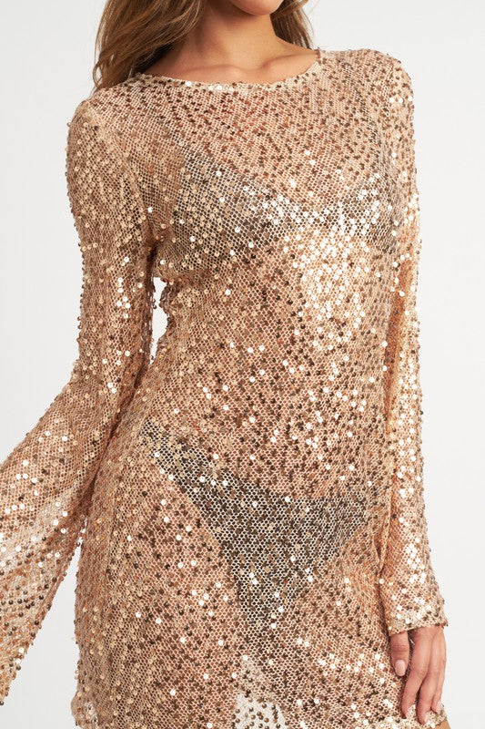 Rose Gold Long Bell Sleeve Sparkle Sequins Mini Dress