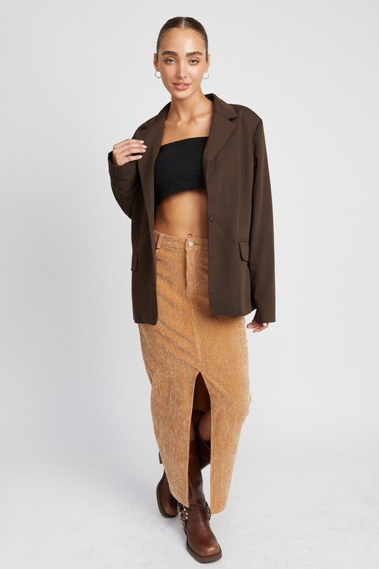 Tan Corduroy Mid Skirt With Front Slit