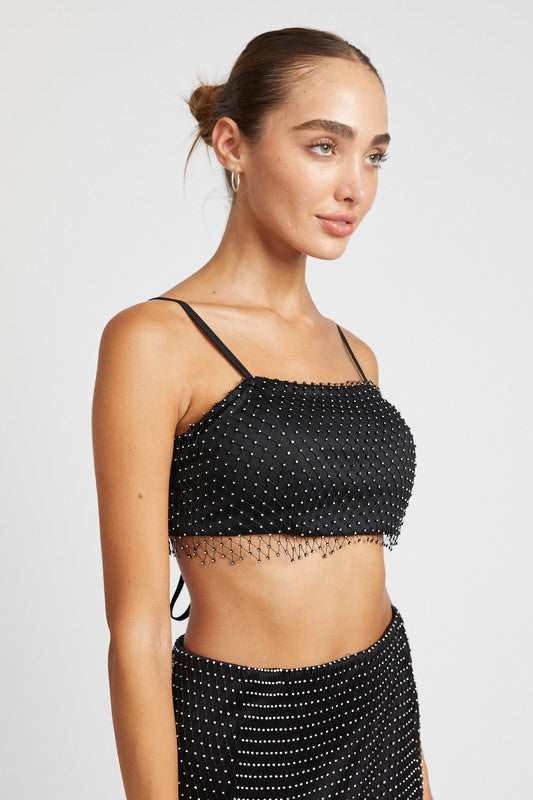 Rhinestone Mesh Sparkle Black Cropped Tank Top