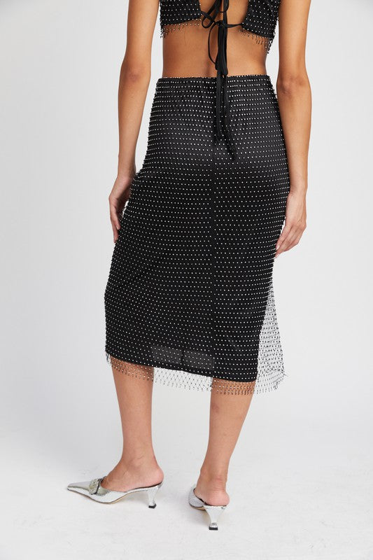 Rhinestone Mesh Sparkle Black Midi Skirt