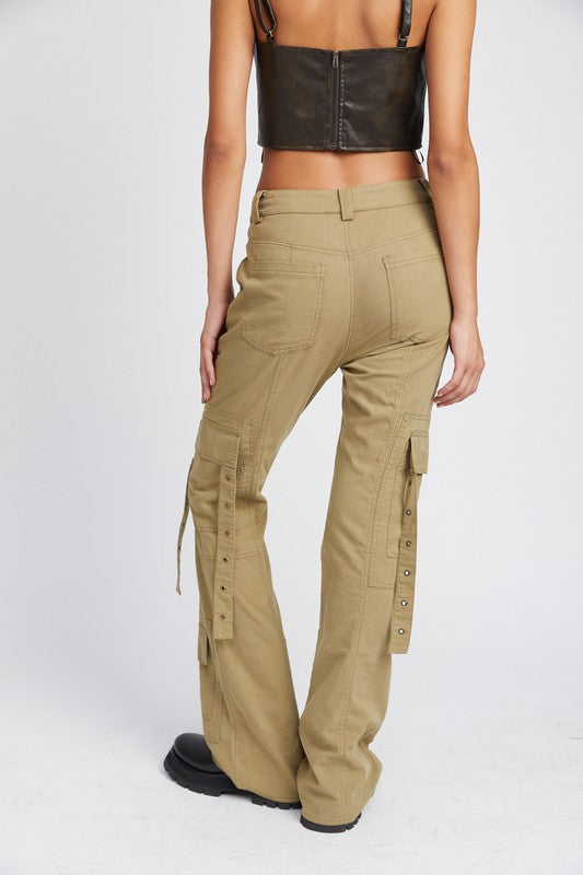 Olive Green Low Waist Cargo Flared Pants
