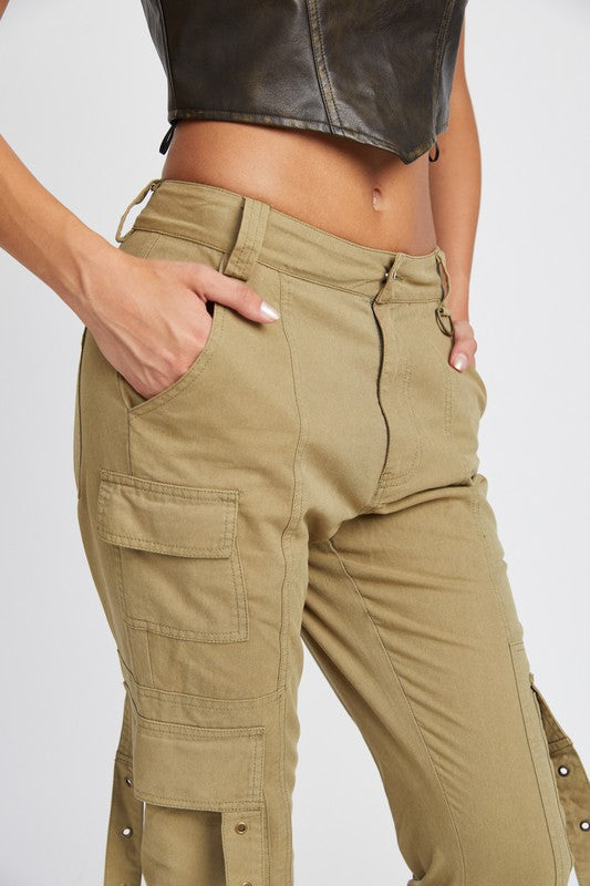 Olive Green Low Waist Cargo Flared Pants-Dakotas Boutique
