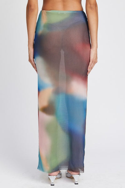 Multicolor Abstract Sheer High Waisted Maxi Skirt
