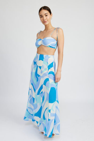 Blue Abstract Printed Ruched Cropped Tank Top