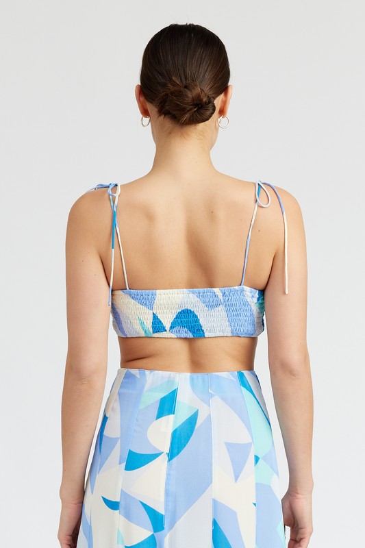 Blue Abstract Printed Ruched Cropped Tank Top