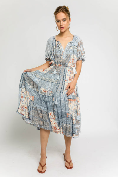 Chloe Parker Blue Floral Peasant Short Sleeve Midi Dress