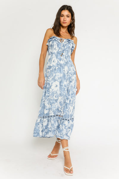 Santorini Blue & White Floral Strapless Midi Dress