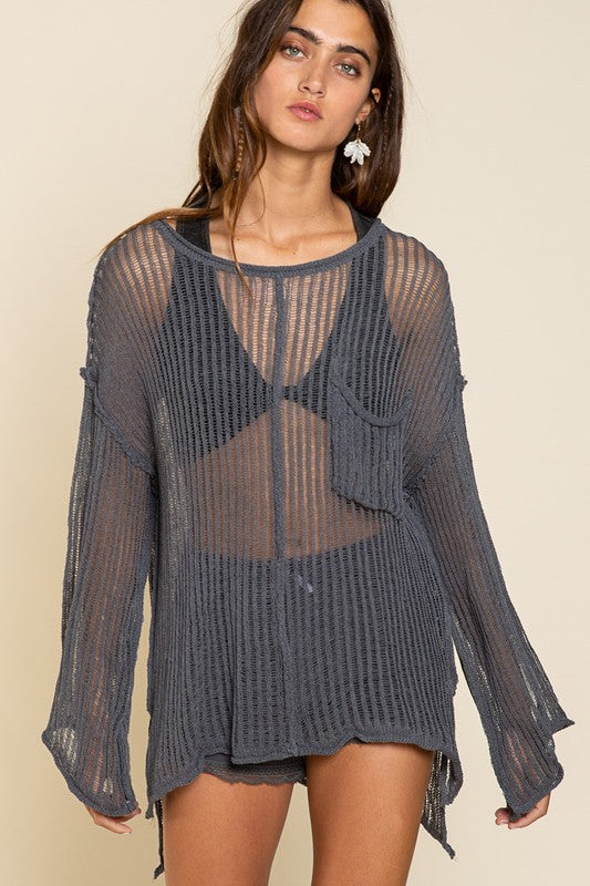 Grey Mesh See Through Boat Neck Sweater