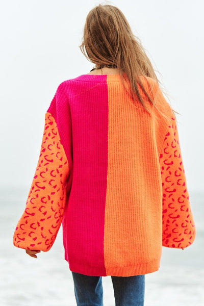 Leopard Sleeves Oversized Half and Half Color Block Pullover Sweater