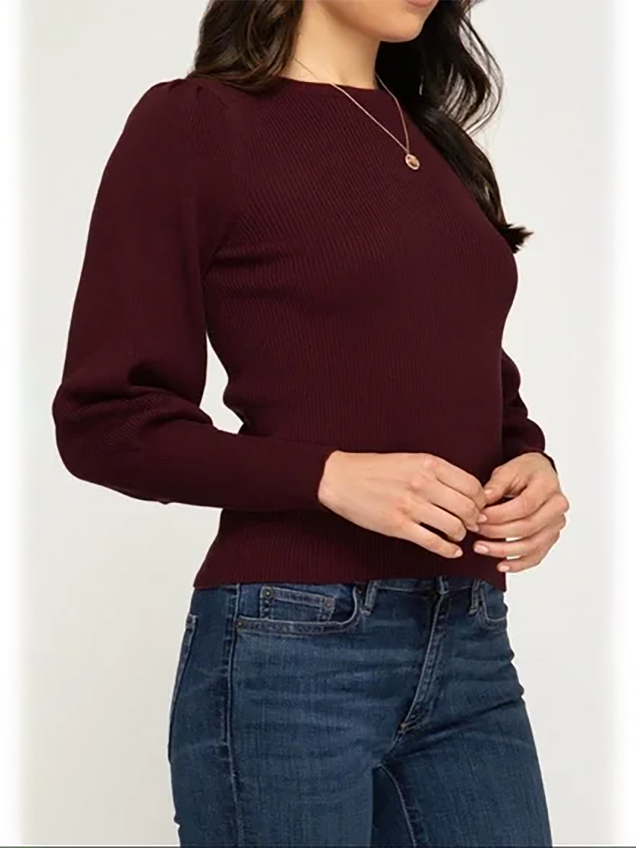 Burgundy Red Long Sleeve Bubble Ribbed Knit Sweater