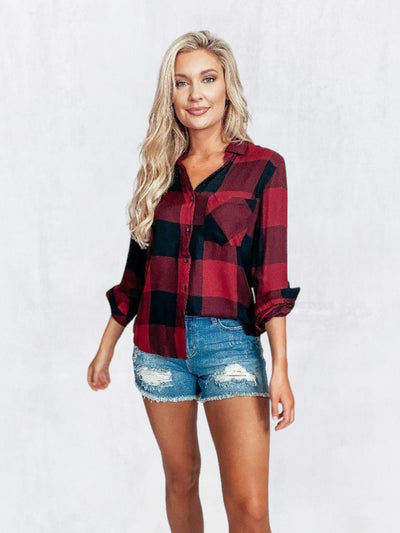 Carolina On My Mind Red and Black Plaid Flannel Long Sleeve Top
