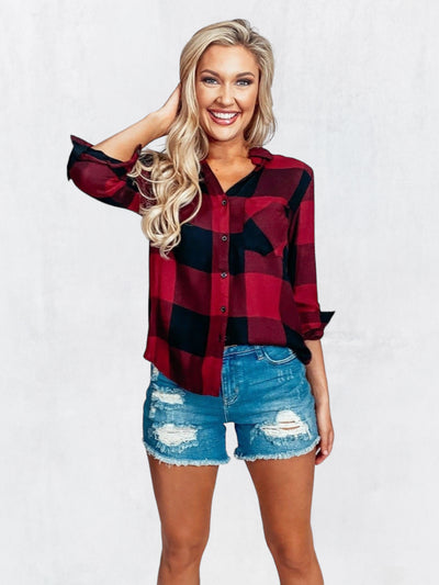 Carolina On My Mind Red and Black Plaid Flannel Long Sleeve Top