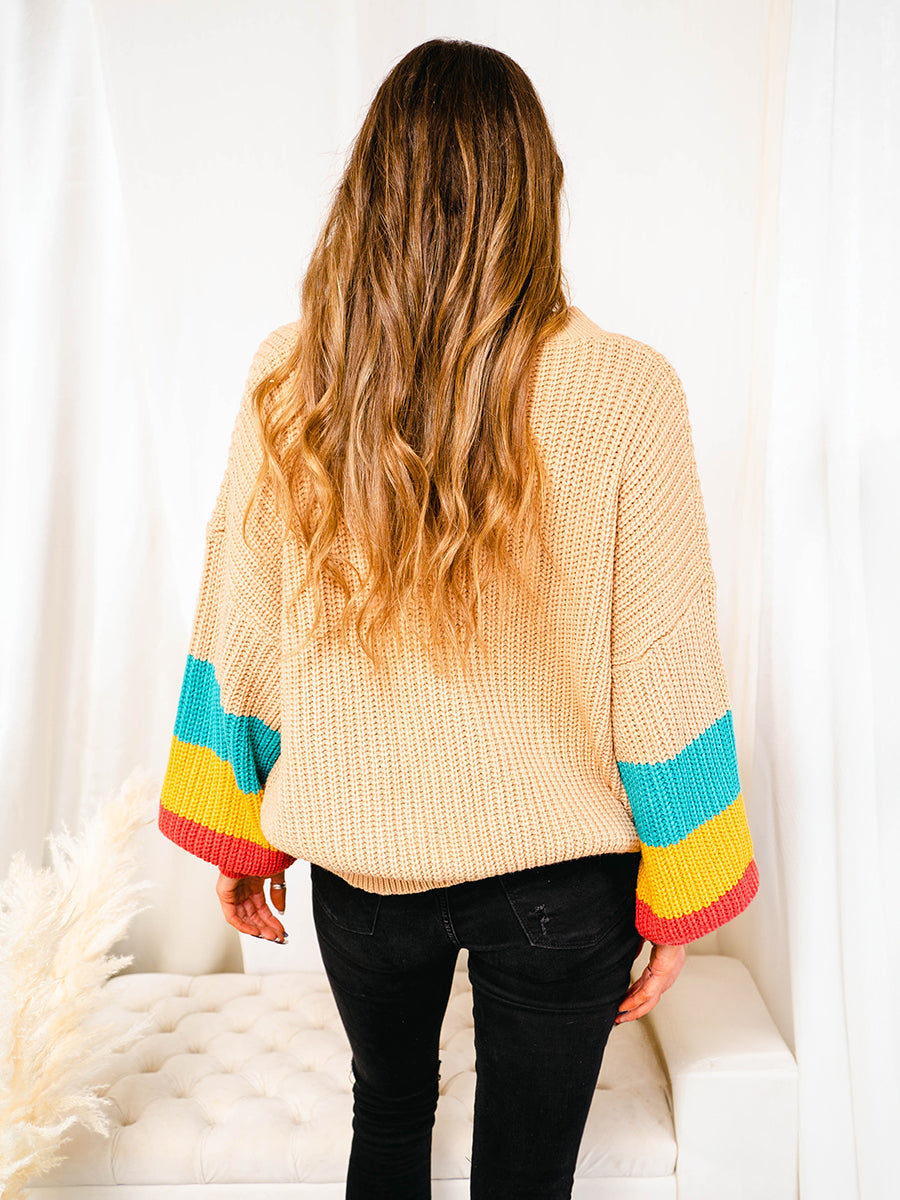 Retro Tan V-neck Striped Sleeves Oversized Sweater