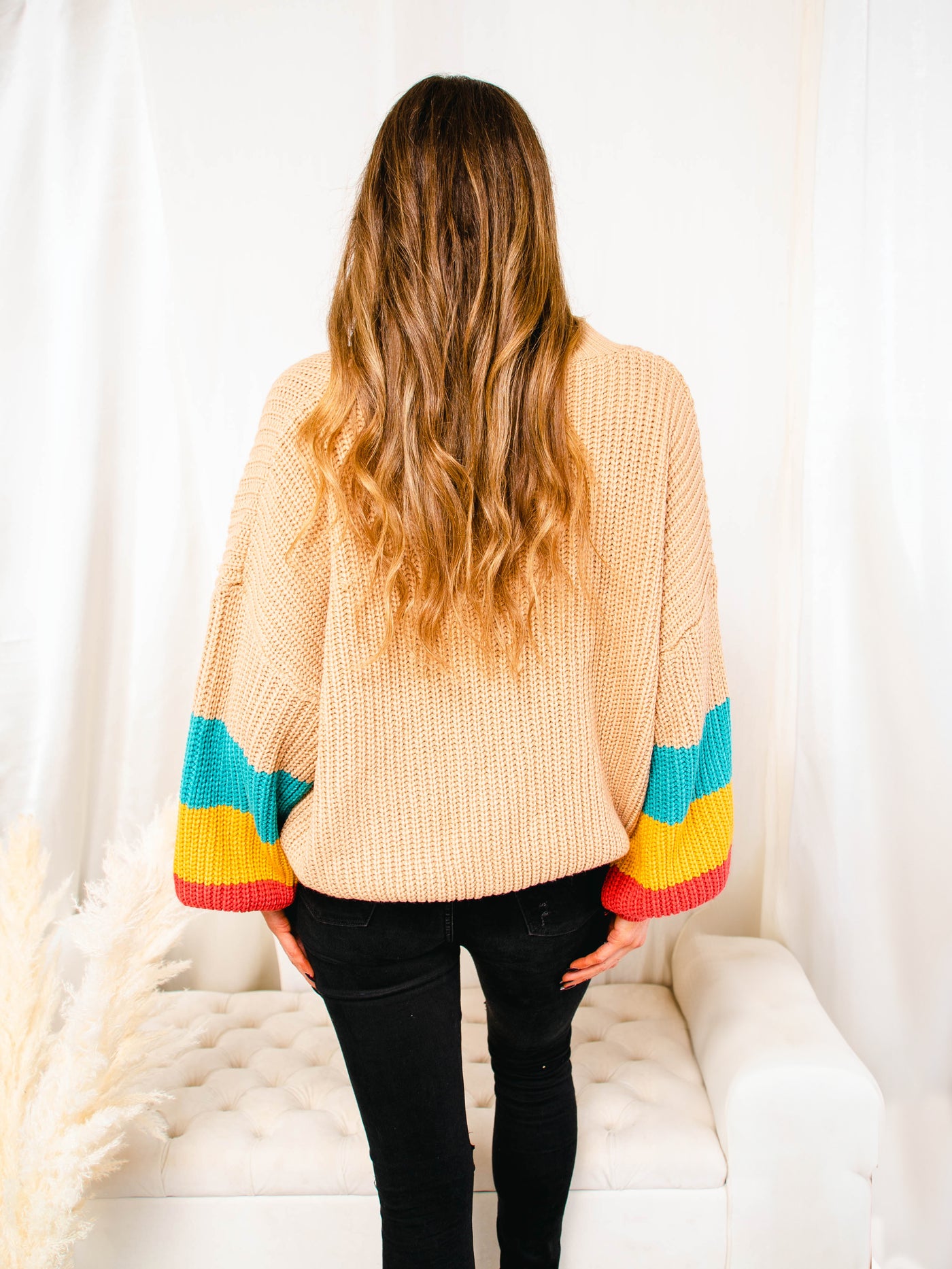 Retro Tan V-neck Striped Sleeves Oversized Sweater