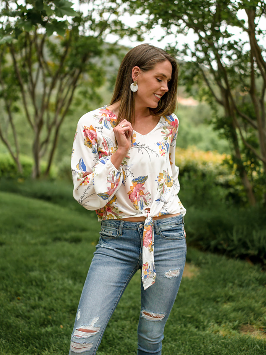 In Full Bloom White Floral Long Sleeve Top