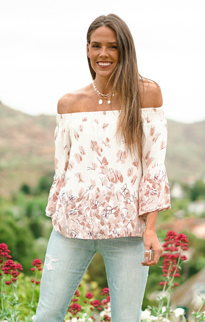 Pink Rose Butterfly Peasant Quarter Sleeve Top