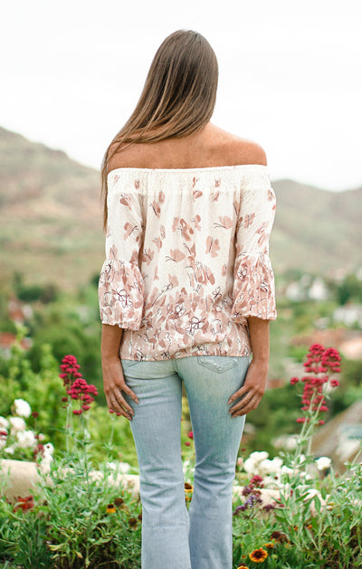 Pink Rose Butterfly Peasant Quarter Sleeve Top