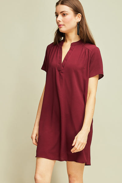 Burgundy Red V-neck Short Sleeve Shift Dress