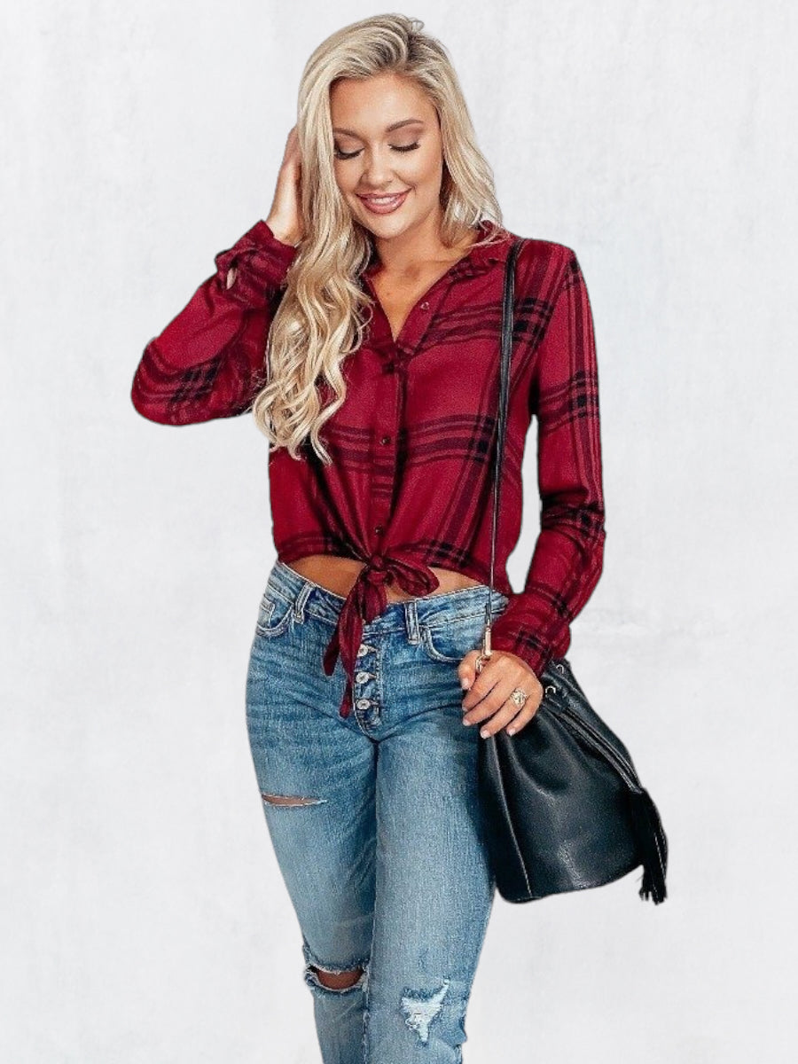 Houston Red and Black Plaid Flannel Long Sleeve Tie Top