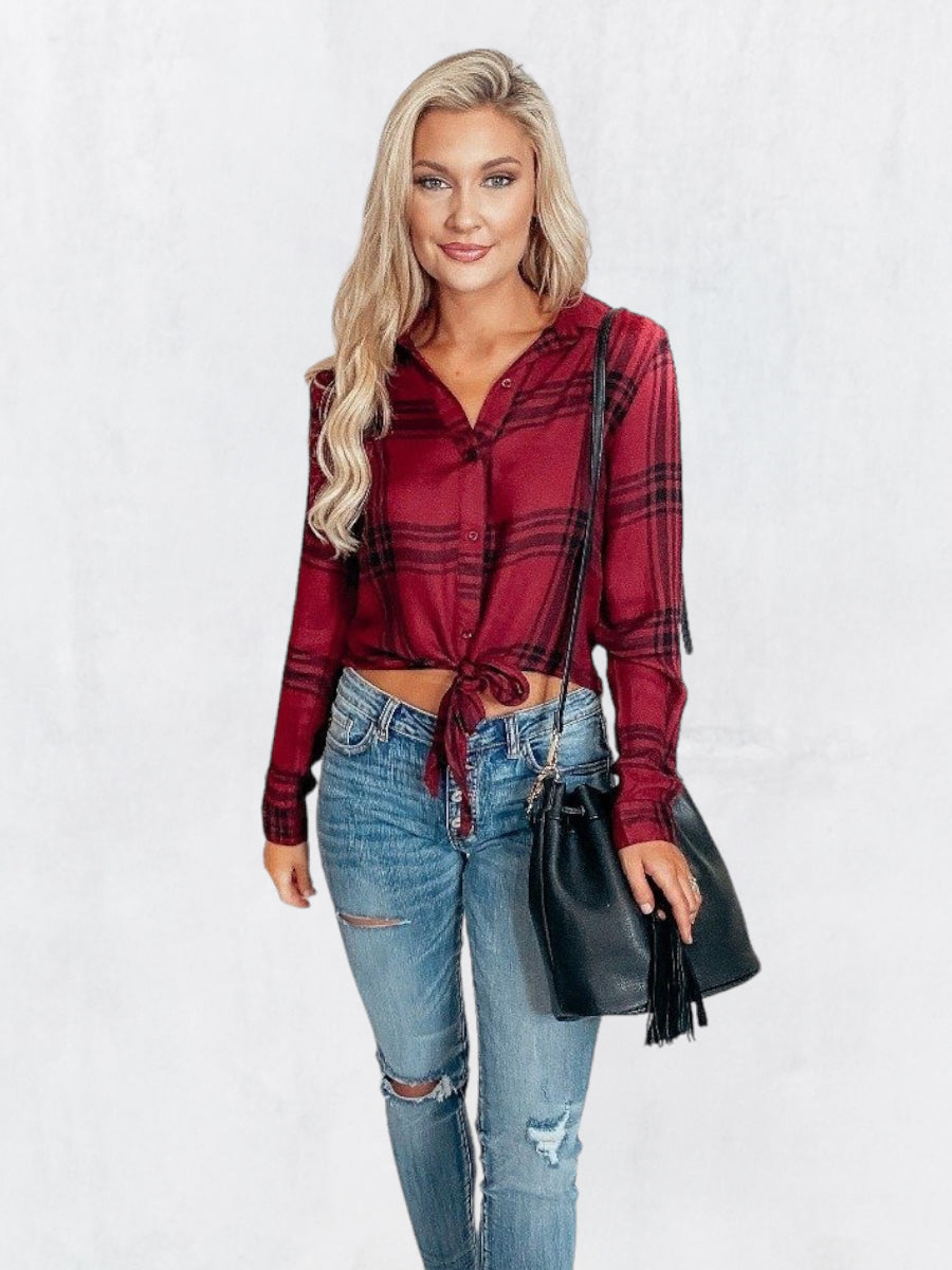 Houston Red and Black Plaid Flannel Long Sleeve Tie Top