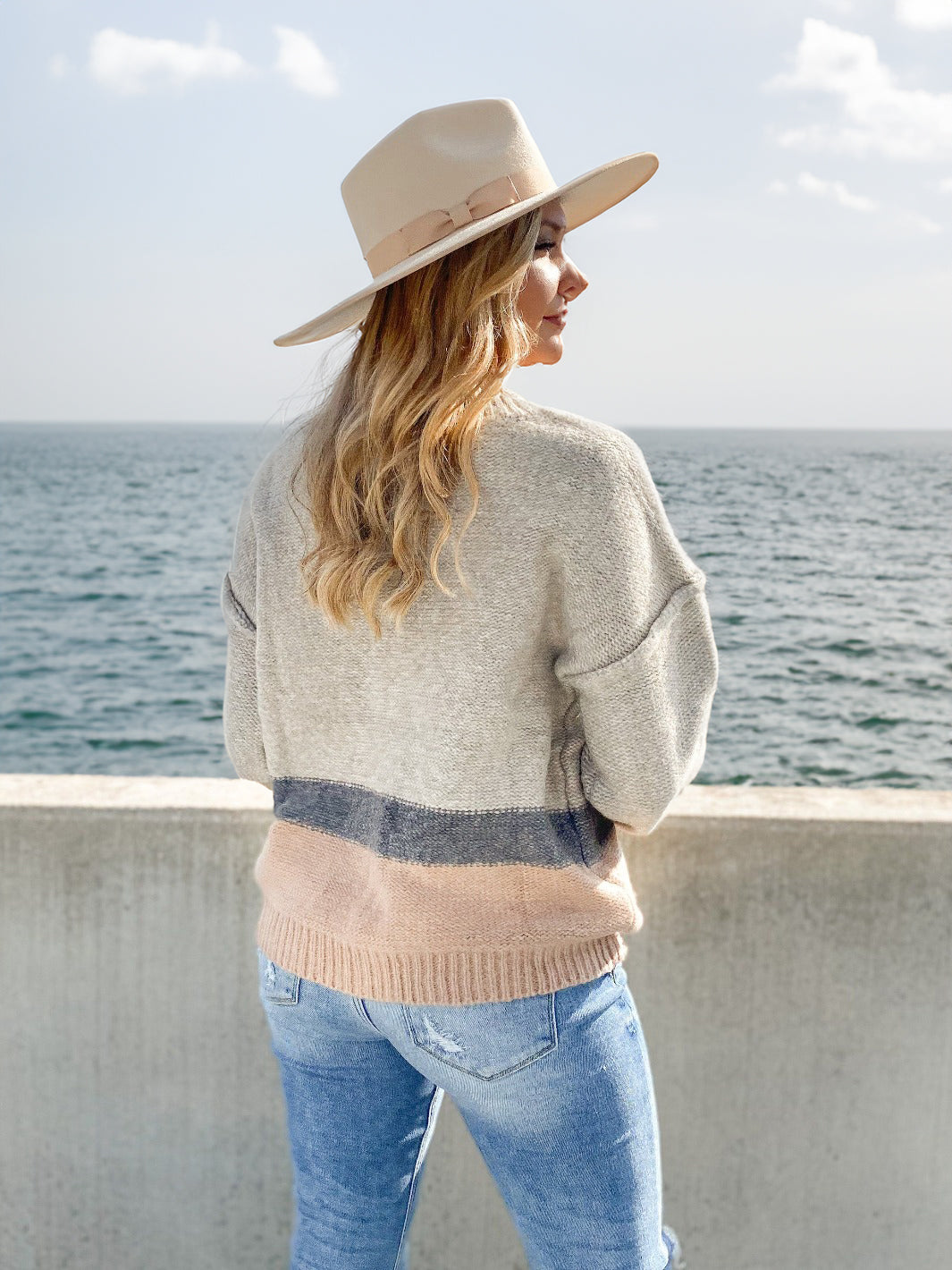 Grey and Light Pink Color Block Sweater
