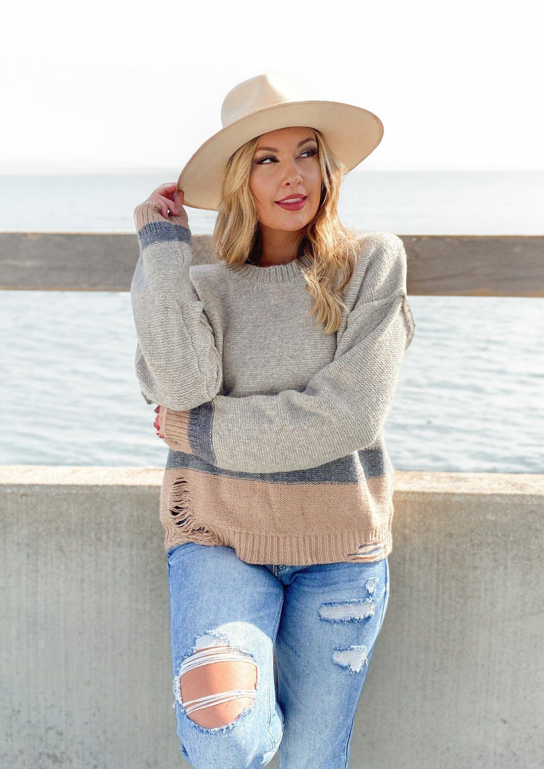 Grey and Light Pink Color Block Sweater