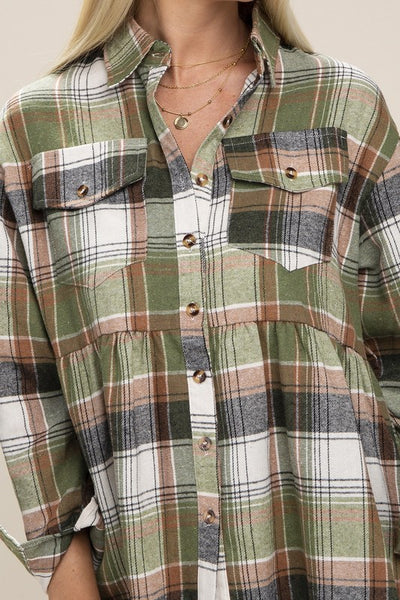 Green Plaid Flannel Long Sleeve Button Down Shirt